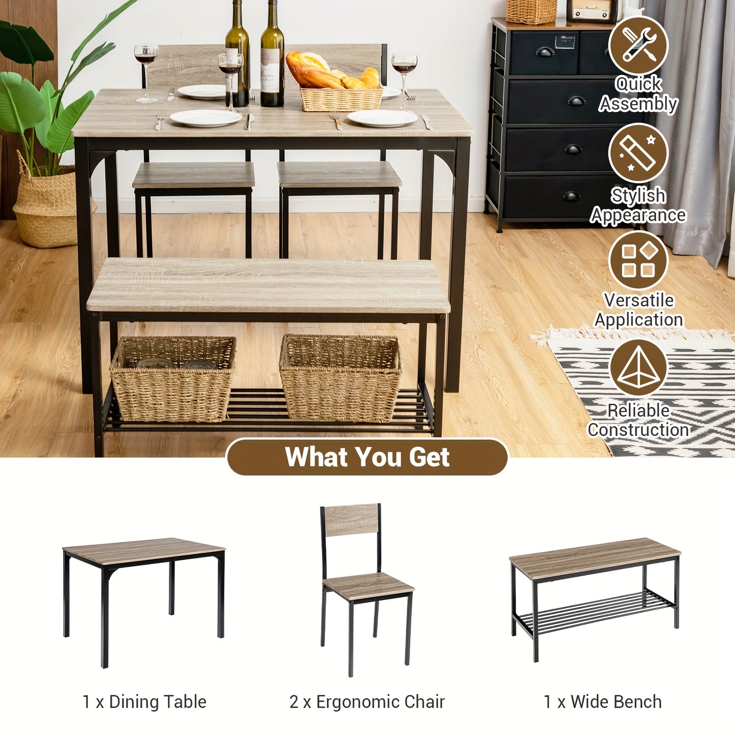 Eettafelset – 4-Delig Meubelset – Industrieel Tafel + Stoelen – Bankje Met Opbergruimte – Compact Ruimtebesparend Design – MDF Met Metalen Frame