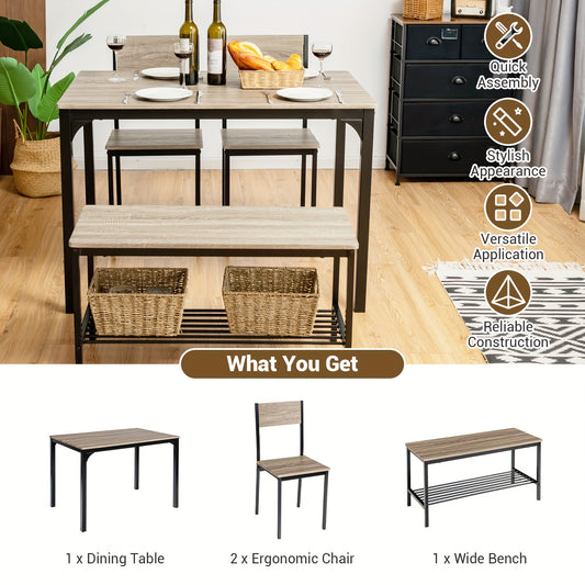 Eettafelset – 4-Delig Meubelset – Industrieel Tafel + Stoelen – Bankje Met Opbergruimte – Compact Ruimtebesparend Design – MDF Met Metalen Frame