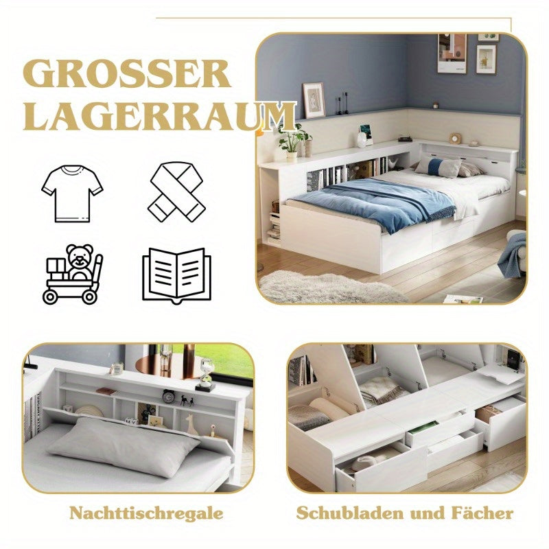 Eenpersoonsbed – Bed – Single Bed – Opbergbed – Slaapkamerbed – 90x200 cm – Ruimtebesparend Met Ingebouwde Lades En Kast – Duurzaam Onderhoudsvriendelijk Niet-Houten Materiaal