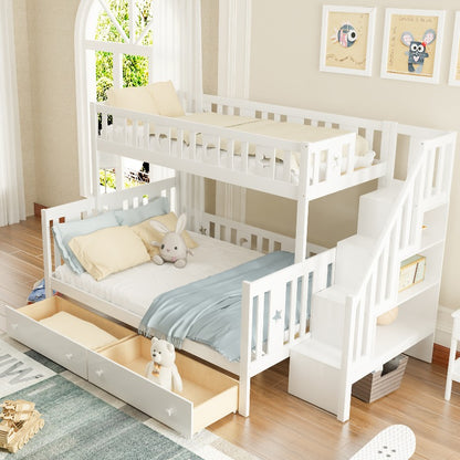 Hoogslaper – Stapelbed – Kinderbed – Mezzaninebed – Halfhoogslaper – Stabiele Trap – 2 Grote Lade Opbergruimtes – 90x200 & 140x200 cm – Wit Modern Design