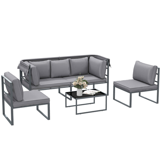 4-delige Modular Tuinmeubelset – Tuinbank – Tuinstoelen – Loungeset – Balkonmeubels – Grijs – Met Zonneluifel – Veilig Gehard Glas Tafelblad
