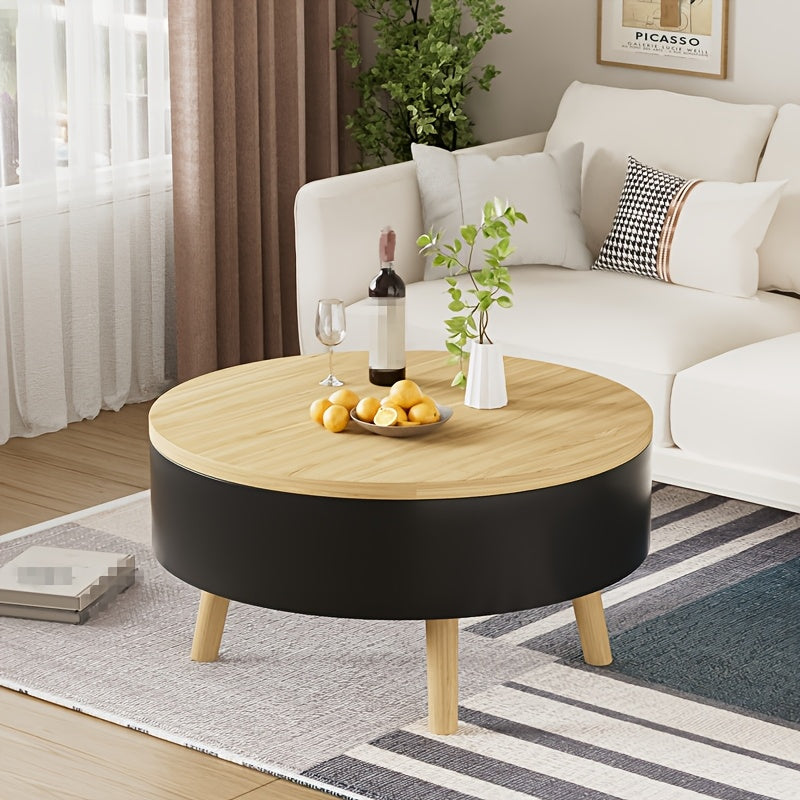 Salontafel – Woonkamer Tafel – Bijzettafel – Koffietafel – Sofa Tafel – Verstelbare Hoogte – Verbergde Opbergruimte – Rond – Zwart – 73x73x44,3 cm – Stevig Metaalframe