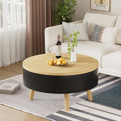 Salontafel – Woonkamer Tafel – Bijzettafel – Koffietafel – Sofa Tafel – Verstelbare Hoogte – Verbergde Opbergruimte – Rond – Zwart – 73x73x44,3 cm – Stevig Metaalframe