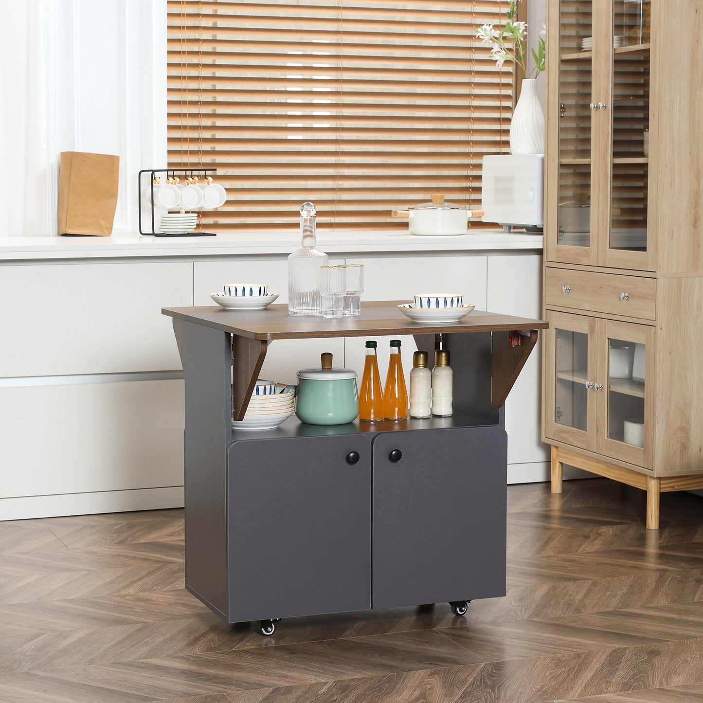 Klaptafel – Vouwtafel – Campingtafel – Opbergtafel – Tuintafel – Inklapbaar Met Opbergruimte – 4 Wieltjes – 70x83x75 cm – Lichtgrijs Donkerbruin