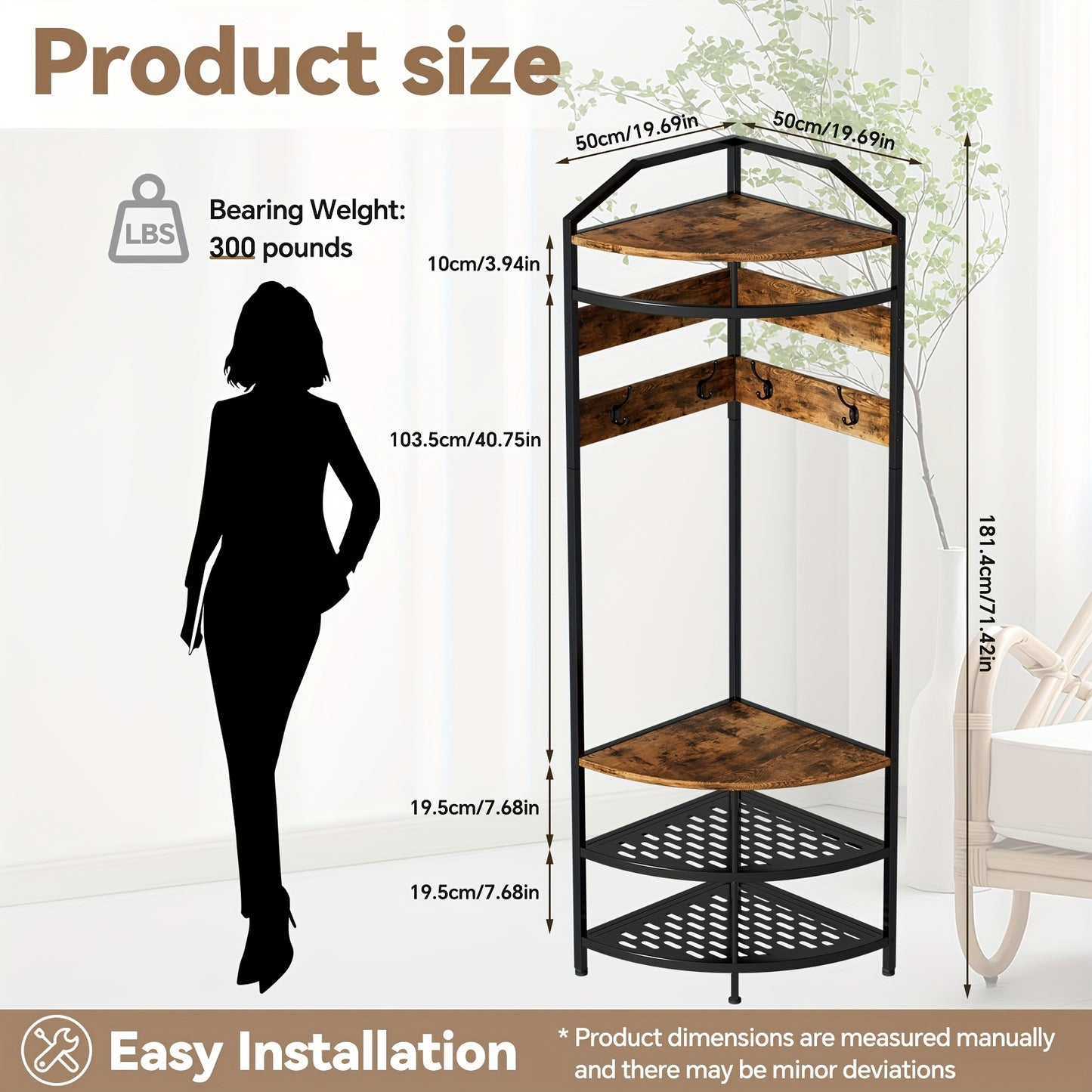 Kapstok – Jasrek – Schoenenrek – Garderoberek – Halmeubel – Hoekontwerp – 3 Schoenplanken – Antislip Houten Metalen Design – Bruin 50x50x181,4 cm