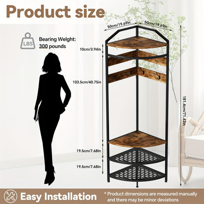 Kapstok – Jasrek – Schoenenrek – Garderoberek – Halmeubel – Hoekontwerp – 3 Schoenplanken – Antislip Houten Metalen Design – Bruin 50x50x181,4 cm