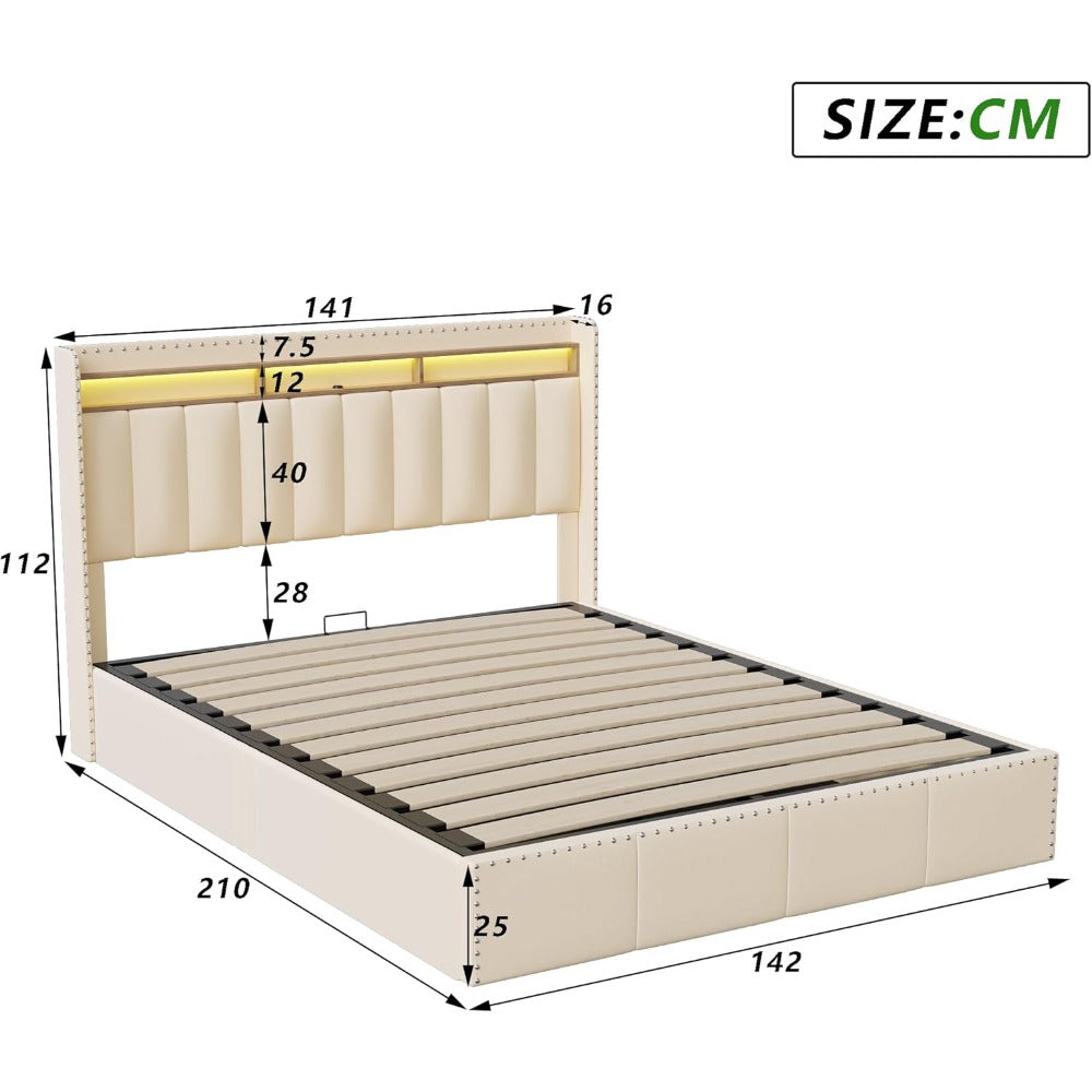 Bed – Bedframe – Slaapbed – Opbergbed – Boxspring – Gestoffeerd Met Velvet – 140x200 cm – LED Verlichting en USB Oplaadpoort