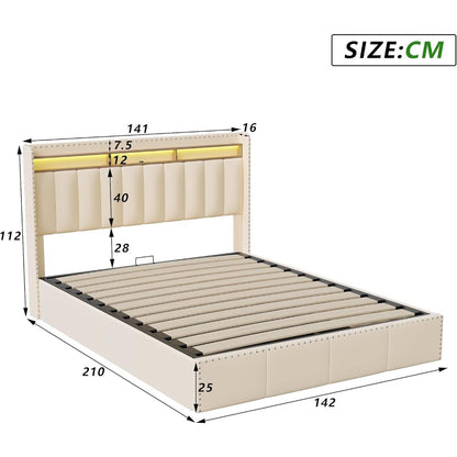 Bed – Bedframe – Slaapbed – Opbergbed – Boxspring – Gestoffeerd Met Velvet – 140x200 cm – LED Verlichting en USB Oplaadpoort