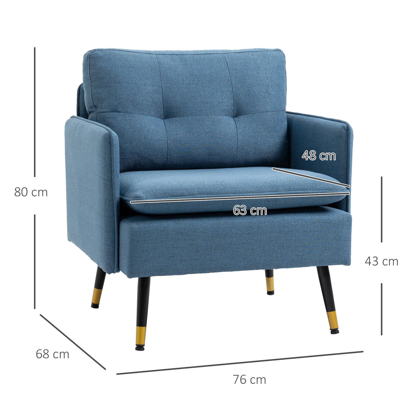 Accentstoel – Fauteuil – Stoel – Leunstoel – Zithoekstoel – Blauw Met Button Tufting – Afneembare Bekleding – Zwart Met Gouden Accenten