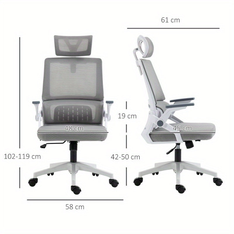 Ergonomische Bureaustoel – Bureaustoel – Kantoorstoel – Werkstoel – Draaistoel – Grijs – Verstelbare Hoofdsteun & Armleuningen – Ademend Mesh-Rugleuning