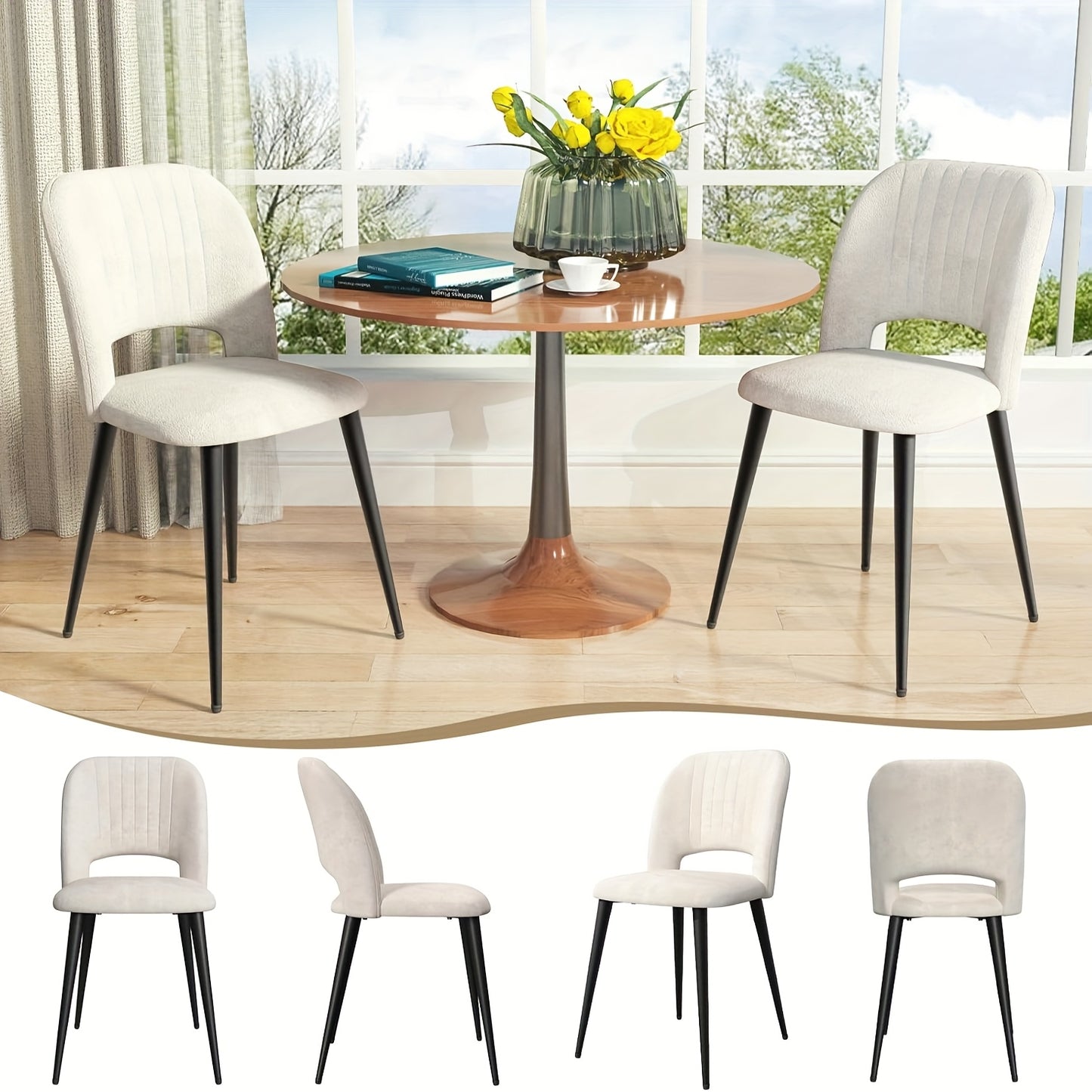 Set van 2 Velvet Eetkamerstoelen – Gestoffeerde Stoelen met Rugleuning en Metalen Poten – Beige, Modern en Minimalistisch voor Keuken, Woonkamer of Eetkamer