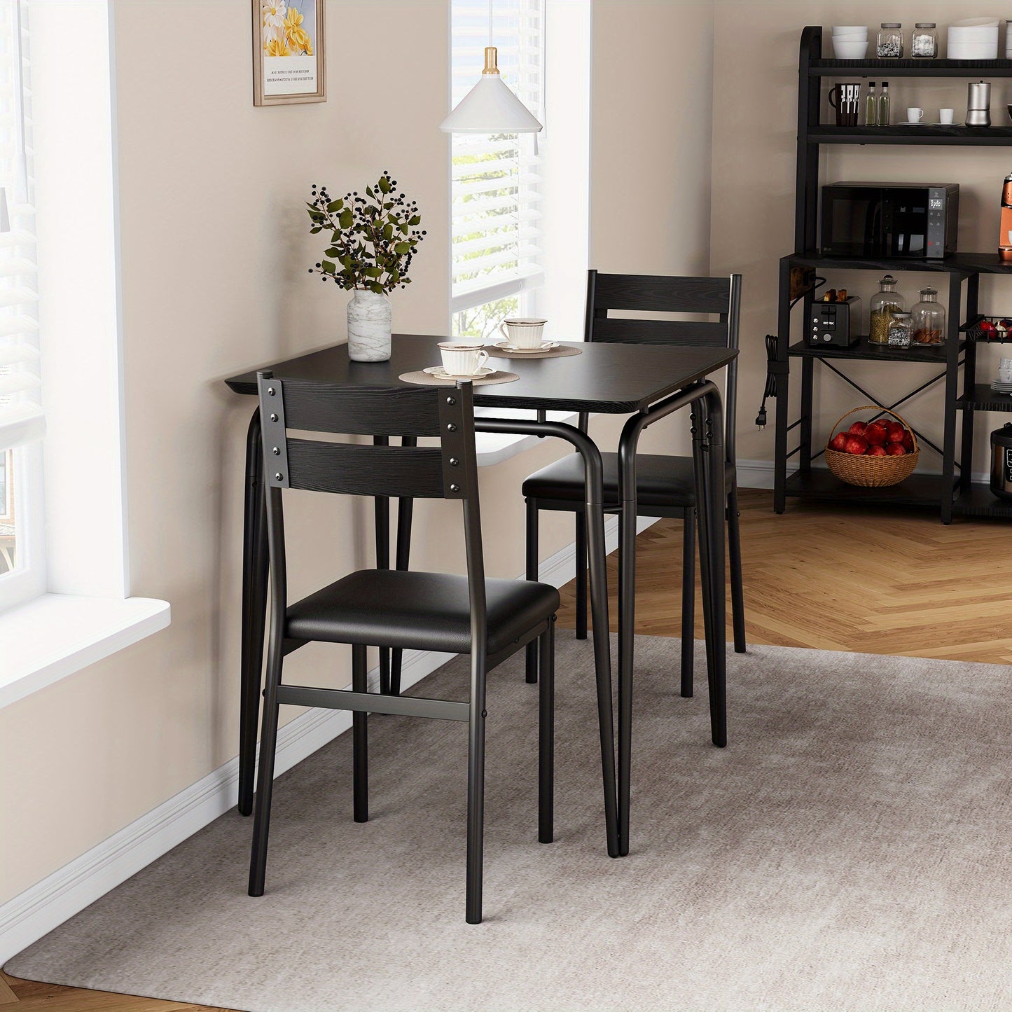 Eettafelset – Eettafel en Stoelen – Dinerset – Keukentafelset – Compacte Tafelset – Ruimtebesparend Ontwerp – MDF Tafelblad met Metalen Frame – Zwart
