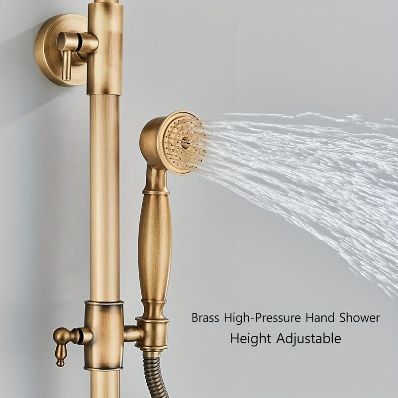 Douche Systeem – Regendouche – Handdouche – Muurkraan – Douchekraan – Antieke Messing Afwerking – 8 Inch Regendouchekop – Geen Elektriciteit Nodig