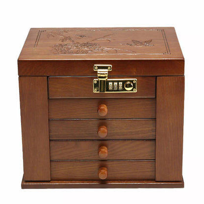 Goodslinesshop WooDerson 5-Tier Brown Wooden Jewelry Box with Password Lock & Carvings Design - 4-Drawer Large Capacity Jewelry Organizer with Mirror, Soft Lining & Golden-Toned Hardware, Elegant Desktop Storage for Earrings,