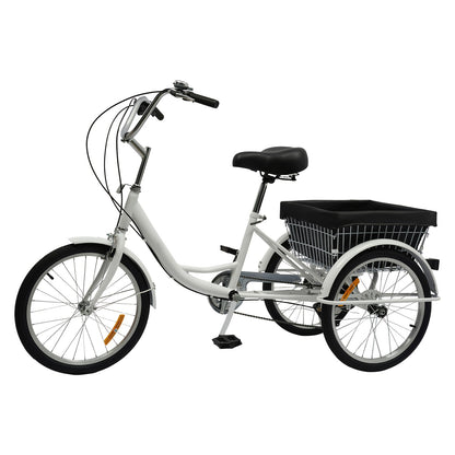 Driewieler – Driewieler Fiets – Volwassenen Driewieler – Driewieler Met Mand – Driewieler 3-Wiel – Wit – 50,8 cm – 8 Versnellingen – Verstelbaar Zadel