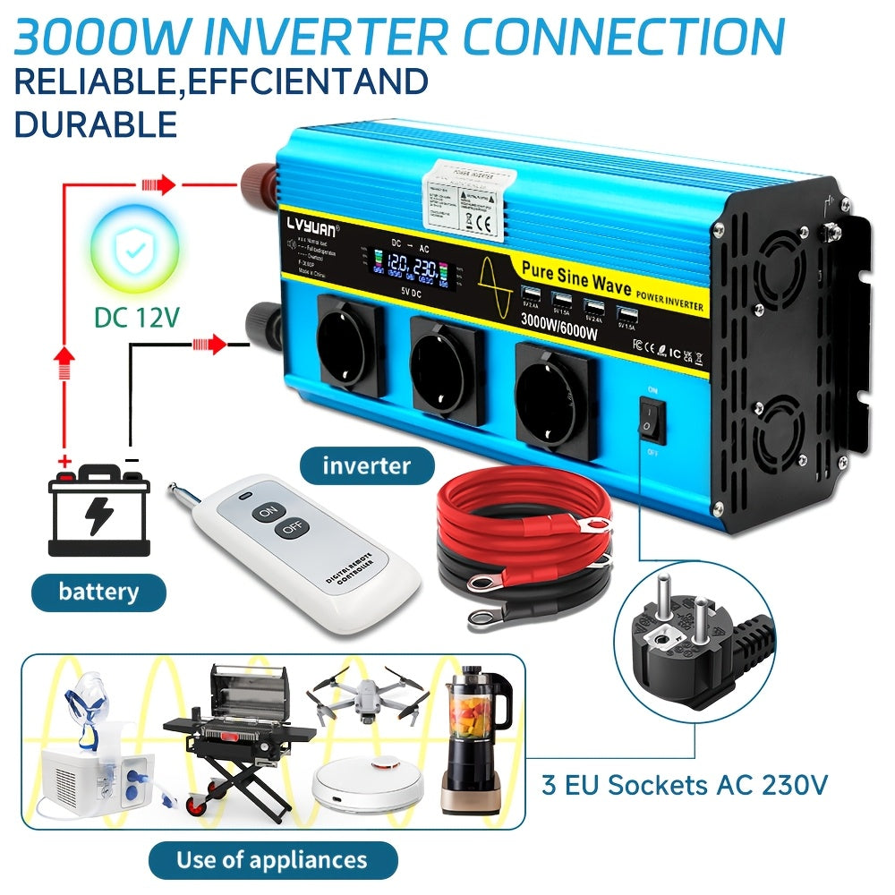 Omvormer – Spanningsomvormer – Inverter – Voedingsadapter – Converter – 12V 3000W – 220-240V AC Uitgang – Robuuste Behuizing