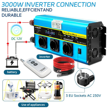 Zuivere Sinusgolf Omvormer – Stroomomzetter – Spanningsconverter – Inverter – AC Converter – 24V 3000W – LCD Display – Afstandsbediening