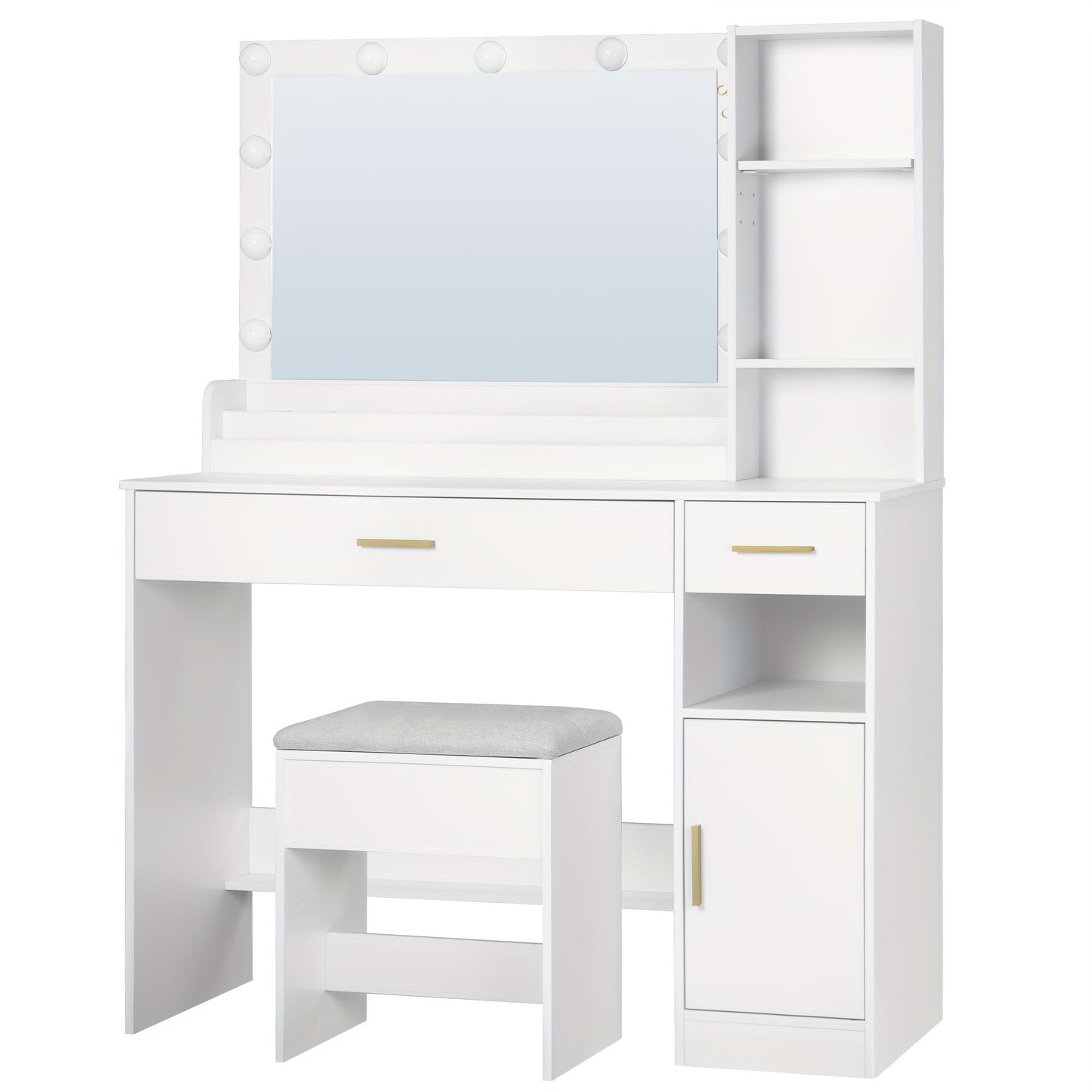 Kaptafel – Make-up Tafel – Schminktisch – Dressoir – Dressing Table – Grote Spiegel – Met Krukje – 2 Laden & 4 Open Vakken – Wit – MDF & Spaanplaat