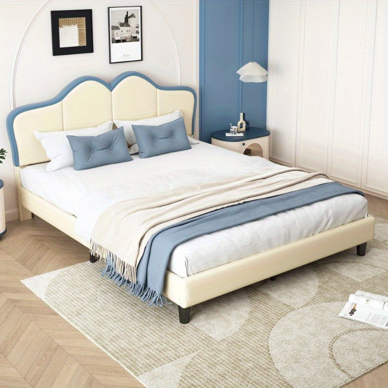 Bedframe – Bedombouw – Bedbodem – Ledikant – Slaapbank – Gevoerd Frame – Veiligheidsranden – 140x200 cm – PU Kunstleer – Wit Blauw