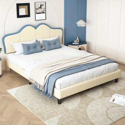Bedframe – Bedombouw – Bedbodem – Ledikant – Slaapbank – Gevoerd Frame – Veiligheidsranden – 140x200 cm – PU Kunstleer – Wit Blauw