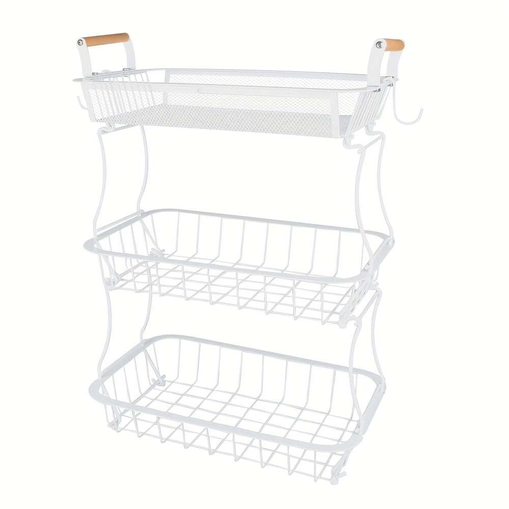 3-Tier White Carbon Steel Storage Basket With Wooden Handles - Multi-Purpose Organizer For Kitchen, Bathroom, Living Room & Under Sink | Durable, Space-Saving Design (37x22x55cm), Shelf Baskets