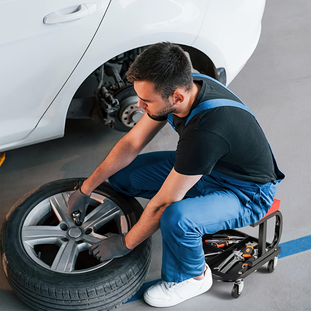 Universele Werkbank met Gereedschaptray – Rood Vierkant Krukje 36 x 37 x 33,5 cm – Met 4 Zwenkwielen, Ideaal voor Auto-, Schoonheids- en Reparatiewerkplaatsen