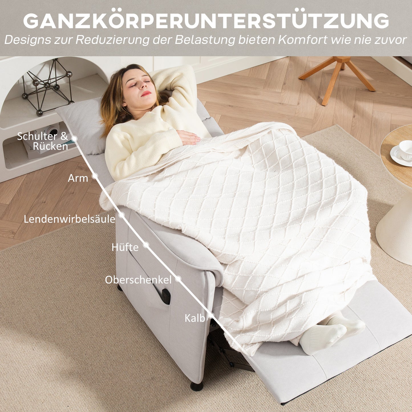 Elektrische Relaxfauteuil – Ligstoel – Relaxstoel – Verstelbare Stoel – Fauteuil – Velvet-achtige Bekleding – Afstandsbediening – Compact 80x83x104 cm – Crème