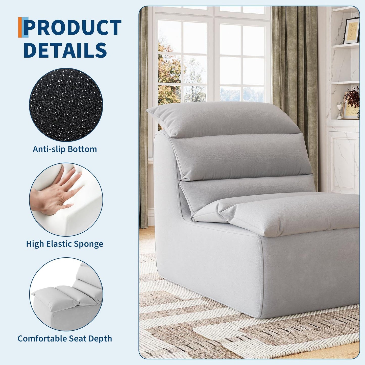 Adult Bean Bag Chair with High-Resilience Foam - Heavy-Duty Floor Sofa, Non-Slip Base & Easy Assembly, Grey Lounger for Reading, Gaming, for - Compatible with Hard Floors (Living Room, Bedroom)