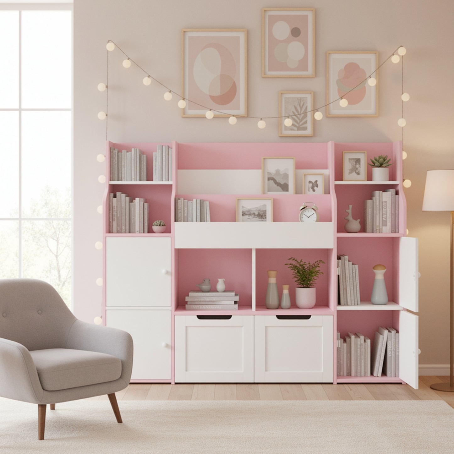 Kast – Ladekast – Boekenkast – Opbergkast – Opbergmeubel – Roze-Witte Houten Kast – Ruime Indeling – Eenvoudige Montage