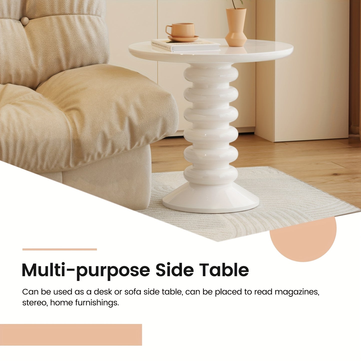 Bijzettafel – Sidetable – Nachtkastje – Salontafel – Banktafel – Ronde Vorm – Melkachtig Wit – Compact Formaat – Eenvoudige Montage