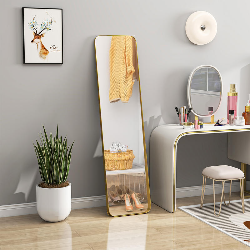 Full-Length Standing Mirror with Folding Frame - Freestanding or Wall-Mounted Large Floor Mirror with Sturdy Metal Frame & MDF Construction, Golden Finish, Space-Saving Vertical Design for Living Room, Dressing Room, Bedroom