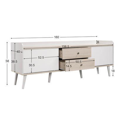 Tv-meubel – Tv-kast – Lowboard – Mediameubel – Tv-dressoir – Wit en Houtlook – 160 cm Breedte – Gestreepte Schuifdeuren met Lades