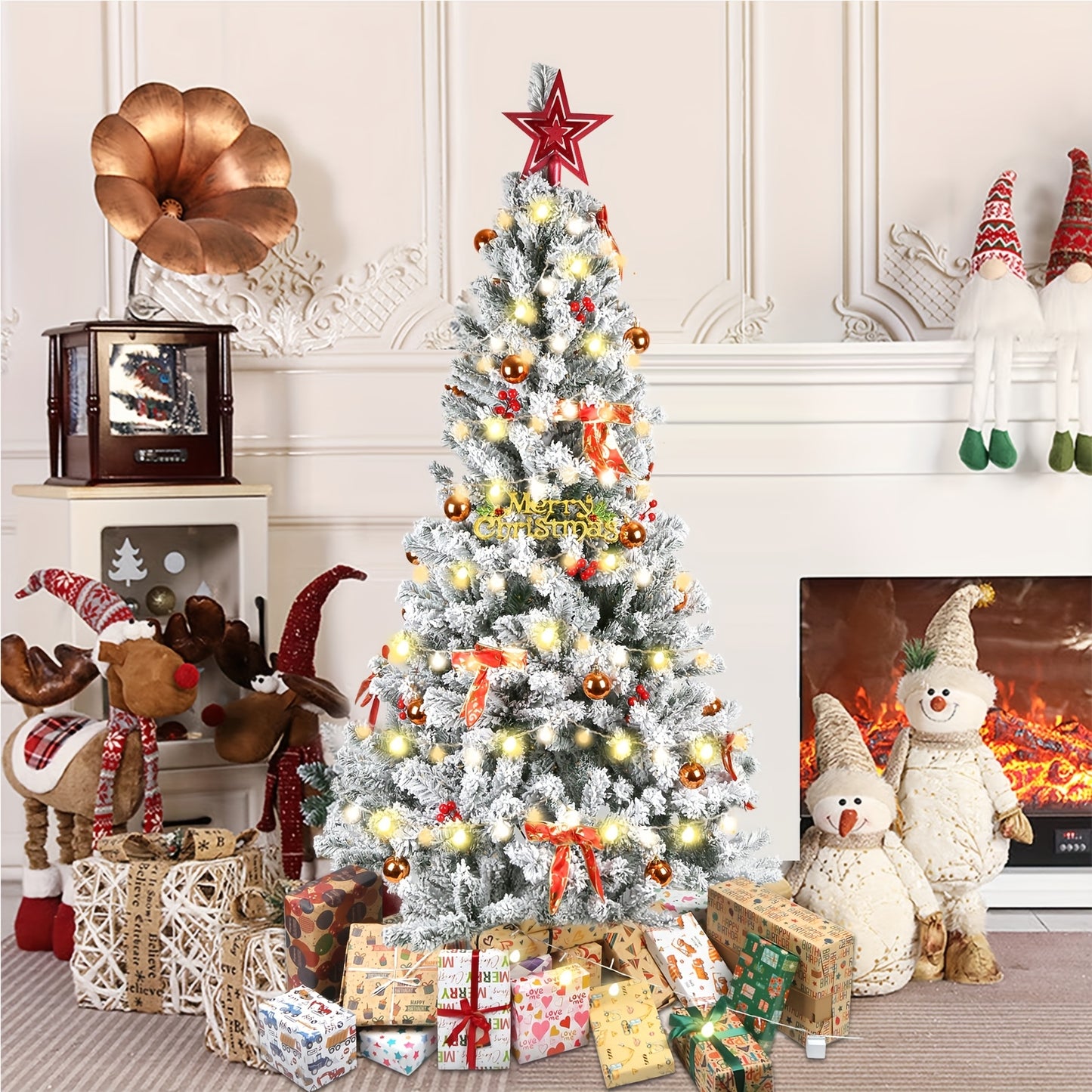 Kunstkerstboom – Kerstboom – Kunstboom – Nepkerstboom – Sierkerstboom – 210 cm Groot – Vooraf Versierd Met Flock – Met Metalen Standaard – Voor Binnen & Buiten