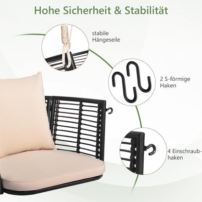 Hangstoel – Hangfauteuil – Schommelstoel – Hangmatstoel – Tuinstoel – Rattan – Met Metalen Frame – Inclusief Kussens – Tot 180 kg Belastbaar – Beige