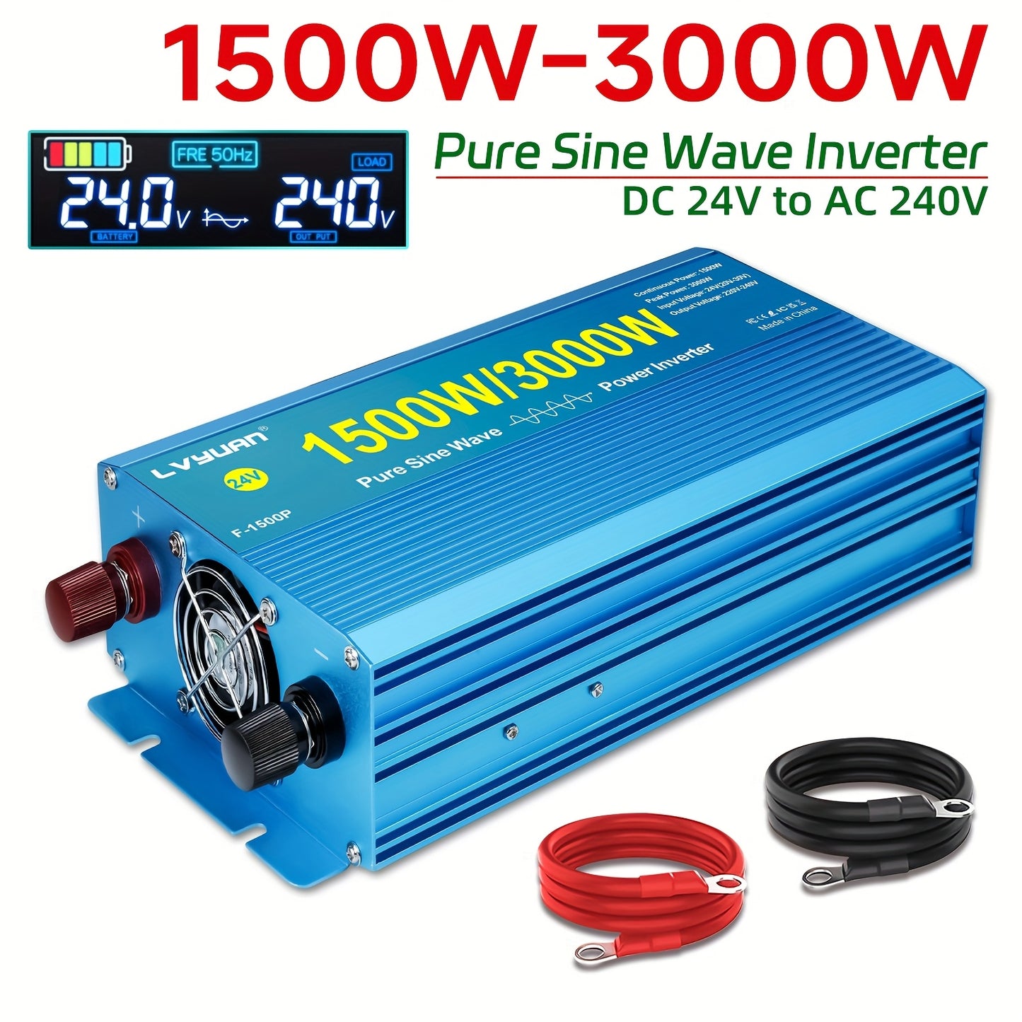 Omvormer 12V Naar 230V – DC Naar AC Converter – Power Inverter – Zuivere Sinus Omvormer – 1500W / 3000W Pieklast – LCD & LED Display – Aluminium Behuizing