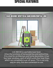 Kruislijnlaser - Lijnlaser - Waterpaslaser - Bouwlaser - Interieurlaser - Bouwvaklaser - Tegellaser - 16 stralen - 360 graden - 4D - 3D - 30 Meter - Koffer - Afstandsbediening - Accu Oplader - Opzet - Beugel/Steun - Clip - Handleiding - 2x Accu
