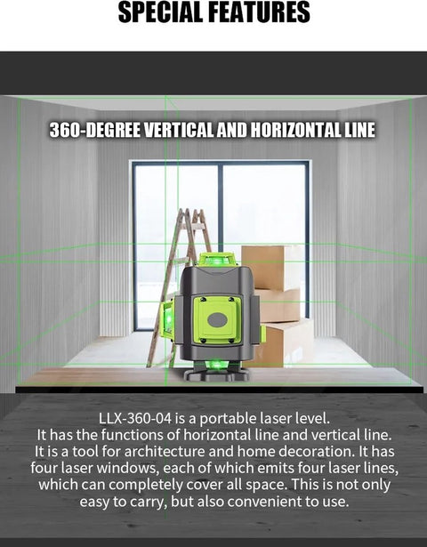 Kruislijnlaser - Lijnlaser - Waterpaslaser - Bouwlaser - Interieurlaser - Bouwvaklaser - Tegellaser - 16 stralen - 360 graden - 4D - 3D - 30 Meter - Koffer - Afstandsbediening - Accu Oplader - Opzet - Beugel/Steun - Clip - Handleiding - 2x Accu