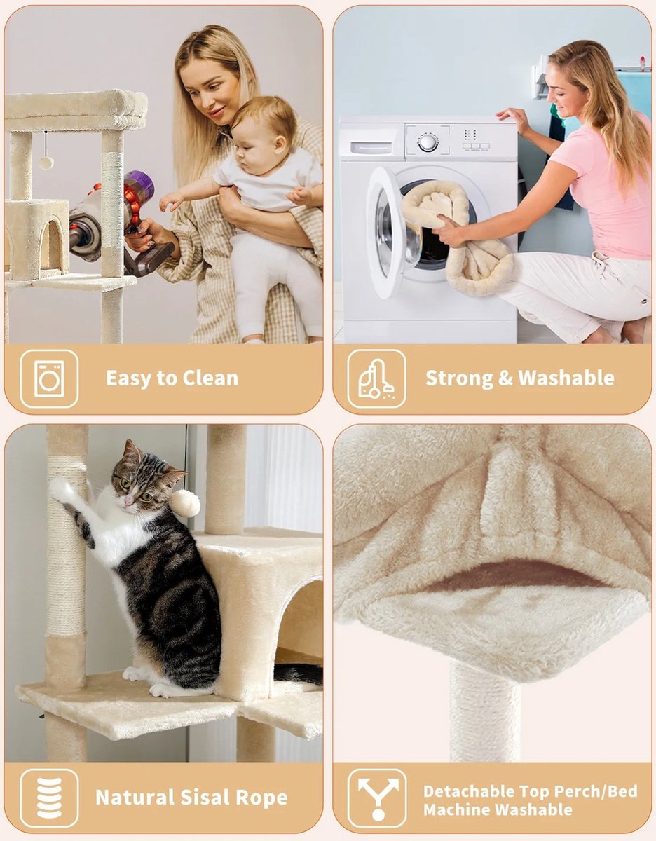Luxe Kattenboom met Krabpaal - Kattenspeeltoestel - Kattenaccessoires - Huisdierspeelgoed - Groot - 45x55x143cm - Hout - 12,3kg - Beige