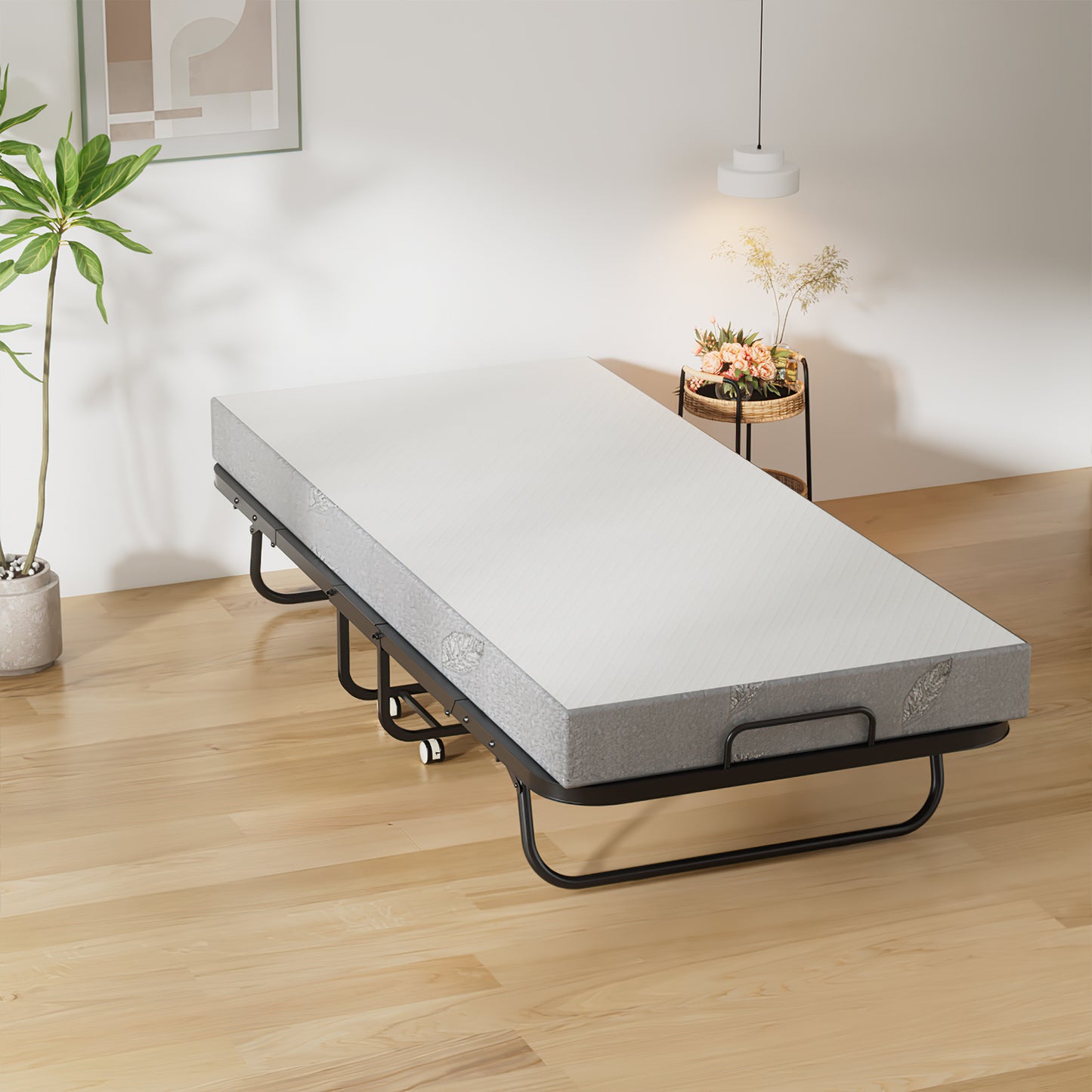 Opvouwbaar Bed – Logeerbed – Vouwbed – Gastbed – Klapbed – Met 13 Cm Dikke Matras – Carbonstalen Frame Met Wieltjes 90x200 Cm