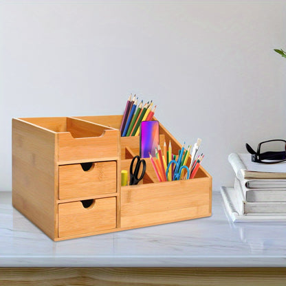 Bureaula Organizer – Bureau Organizer – Pennenhouder – Opbergdoos – Lade Organizer – Natuurlijk Bamboe – 33 x 20,5 x 15,5 cm – 2 Lades
