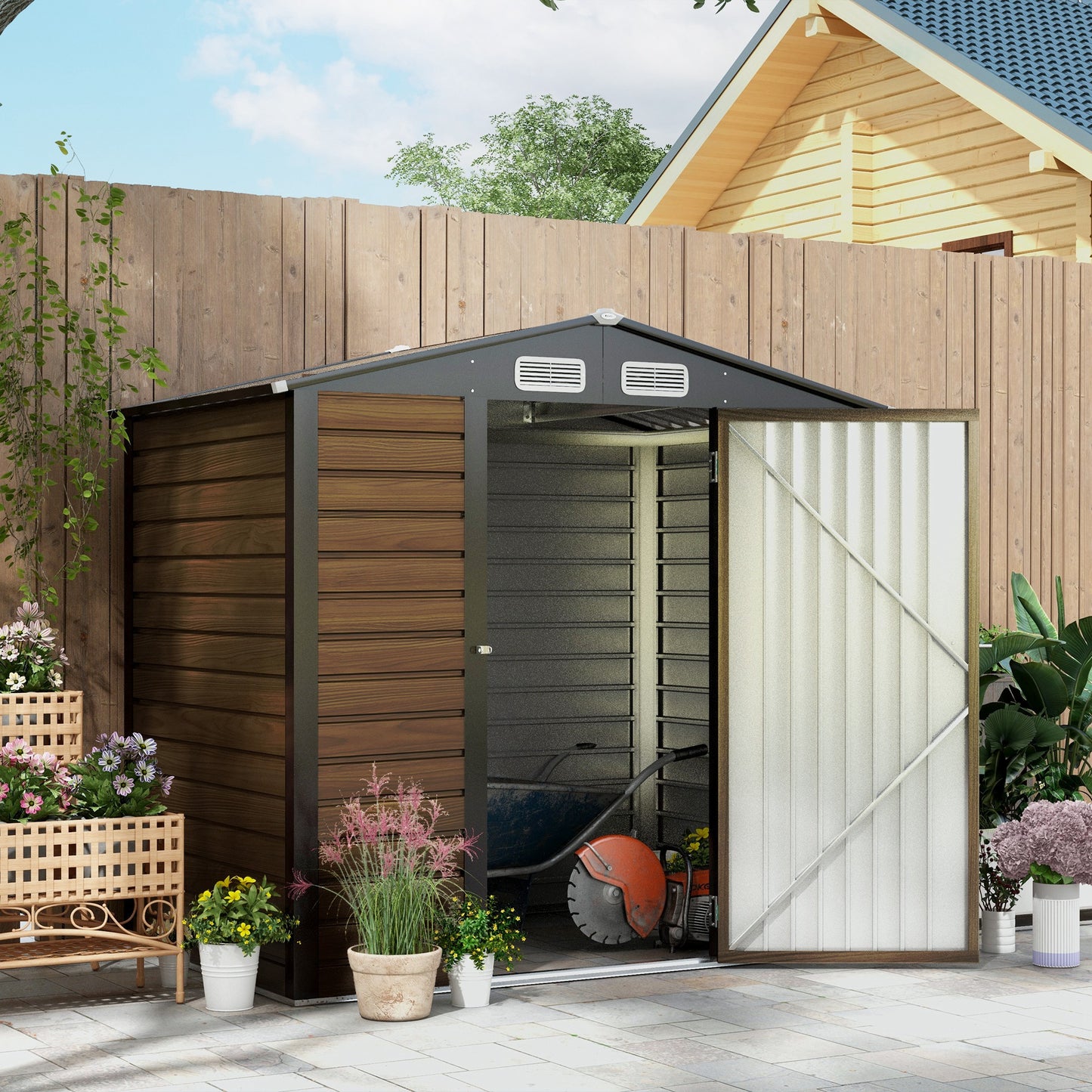 Tuinhuisje – Tuinberging – Tuinschuur – Berging – Tuinkast – Stalen Tuinhuisje Met Eiken Afwerking – Ventilatieopeningen – 2,27 m² Opbergruimte