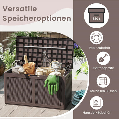 Opbergbox Tuinkist Tuinbox Buitenopberger Balkonbox – Rattan Opbergkist – 380 Liter – Waterdicht PP – Met Wieltjes & Zitfunctie 200 kg
