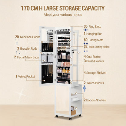 8 LED Mirror Jewelry Cabinet Armoire with Lockable Full-Length Mirror, 4-Wheel Mobile Storage Organizer with Hooks & Garment Rack - 5-in-1 Multi-Purpose Jewelry, Jewelry Armoires - QUORE