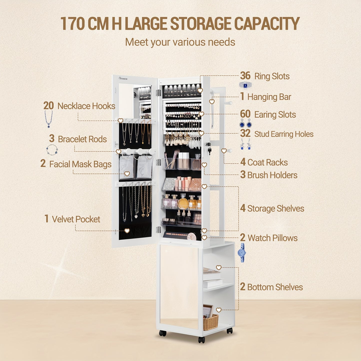 8 LED Mirror Jewelry Cabinet Armoire with Lockable Full-Length Mirror, 4-Wheel Mobile Storage Organizer with Hooks & Garment Rack - 5-in-1 Multi-Purpose Jewelry, Jewelry Armoires - QUORE