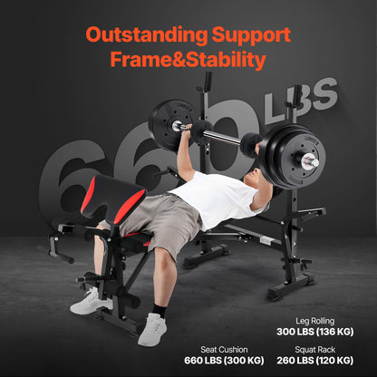 Bankdrukbank – Halterbank – Fitnessbank – Trainingsbank – Fitness bench – Verstelbaar en Inklapbaar – Stevig Stalen Frame – Max. Belastbaar Gewicht 300 kg