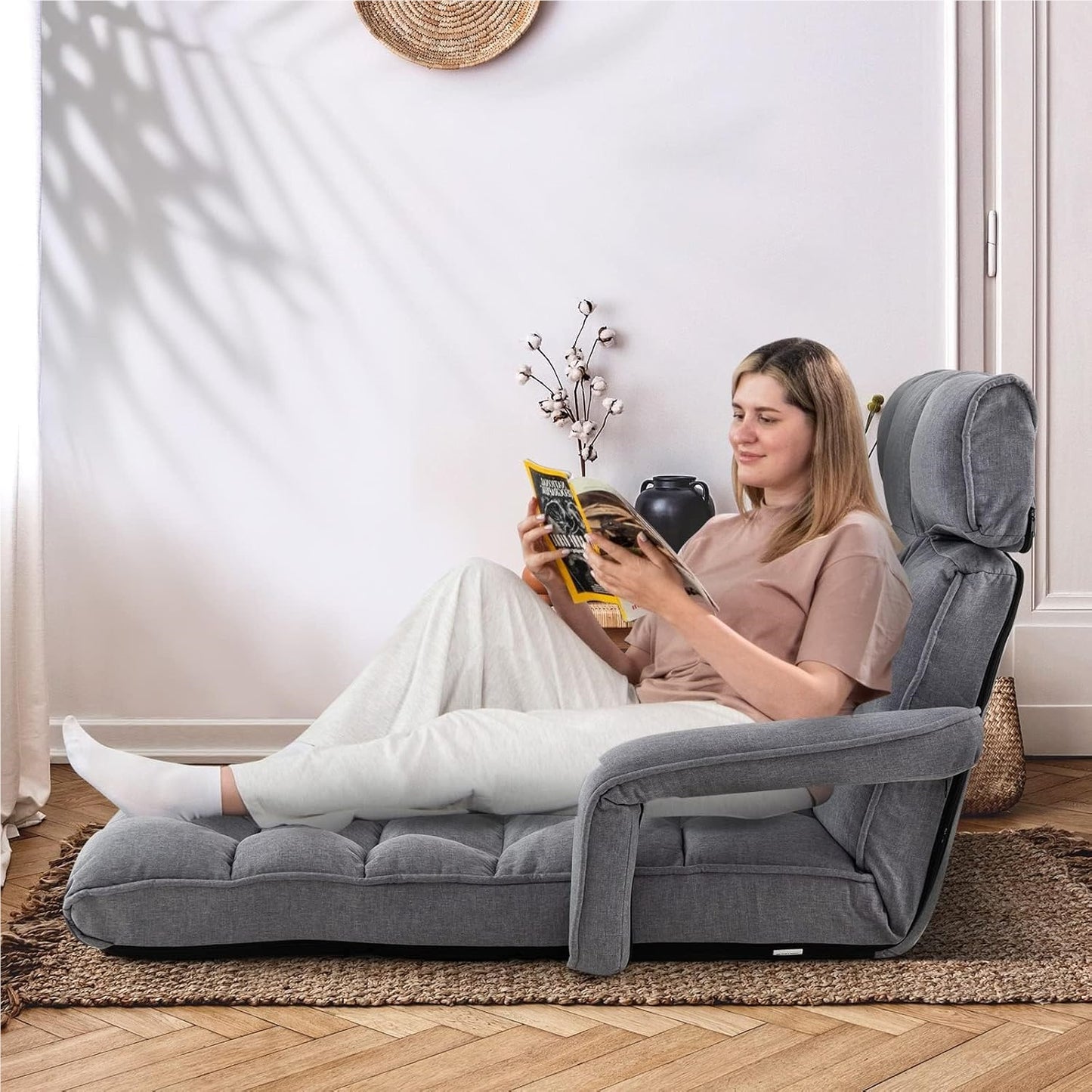 Relax Lounge Chair – Relaxstoel – Fauteuil – Ligstoel – Zitzak – Verstelbaar In 5 Posities – Linnen Bekleding – Inklapbaar – Ergonomisch Design – Max. 140 kg draagkracht – Grijs