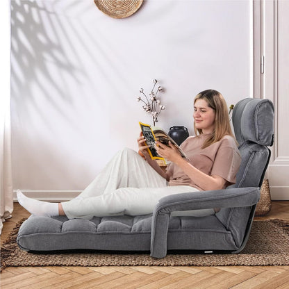 Relax Lounge Chair – Relaxstoel – Fauteuil – Ligstoel – Zitzak – Verstelbaar In 5 Posities – Linnen Bekleding – Inklapbaar – Ergonomisch Design – Max. 140 kg draagkracht – Grijs