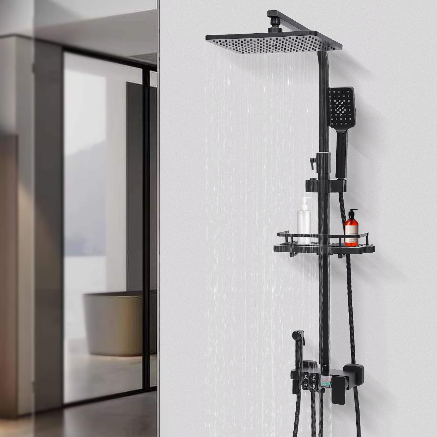 Regendouche – Douche Set – Doucheset – Douchesysteem – Handdouche – Mat Zwart – Roestvrij Staal – Verstelbare Hoogte – Ingebouwde Opbergrek