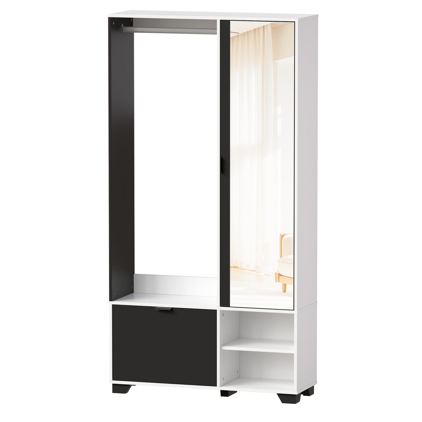 Witte Slaapkamerkast – Kledingkast – Opbergkast – Garderobekast – Spiegelkast – Compact Vrijstaand Design – Ruim Met Spiegel 144x55 cm – Hoogwaardig Massief Hout