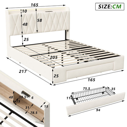 Bed 160 x 200 cm – Ledikant – Boxspring – Opbergbed – Tweepersoonsbed – Met USB-poort – 3 Wisselbare LED-kleuren – Velvet Bekleding